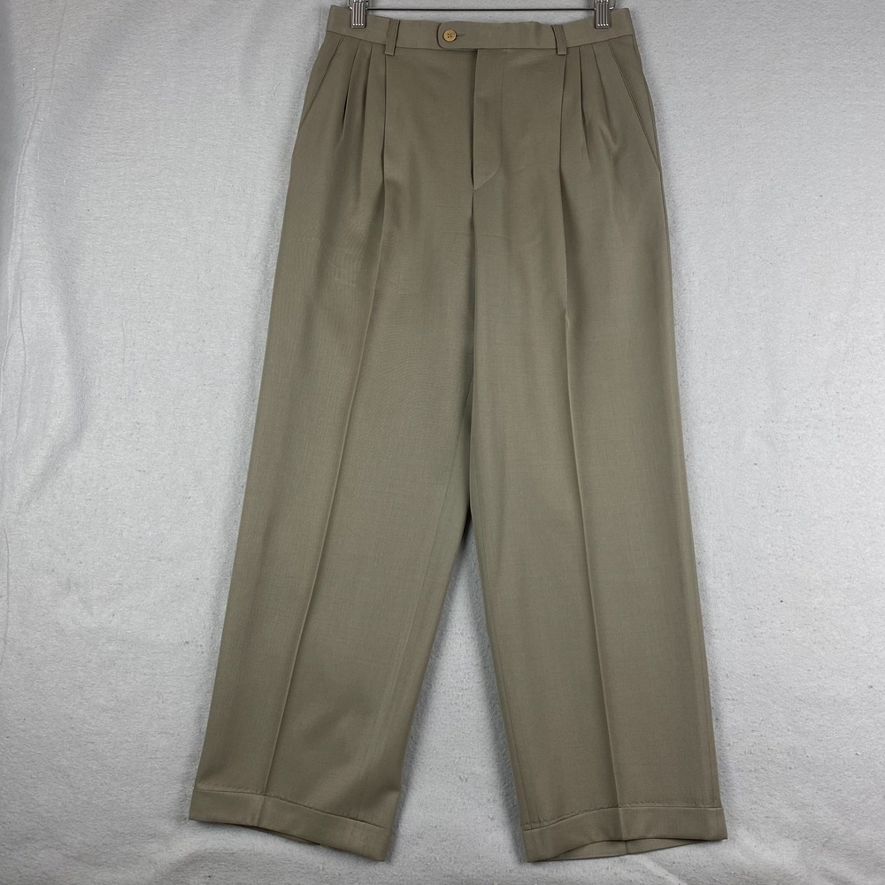 Zanella Mens Dress Pants 33 brown Wool solid triple Pleated Cuffed trousers